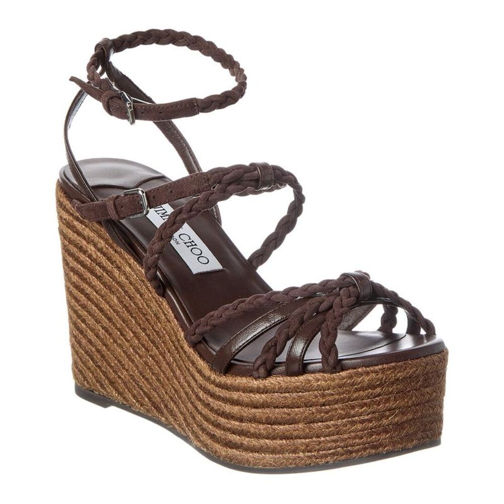 Jimmy Choo Nyra 100 Leather Wedge Sandal, Brown